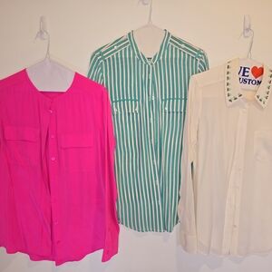 Equipment Pink and Green Button Down Blouses with Mandarin Collar